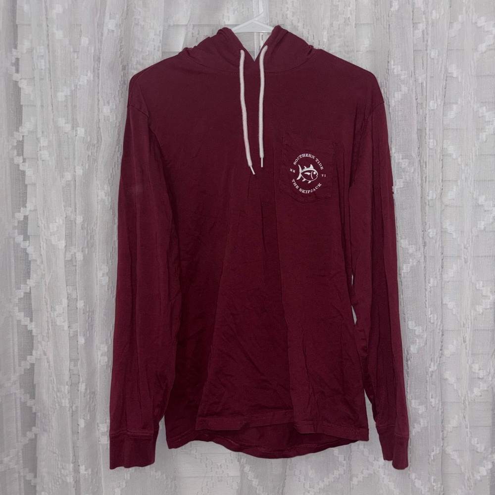 Southern Tide Maroon Long Sleeve Hooded Tee with White Logo